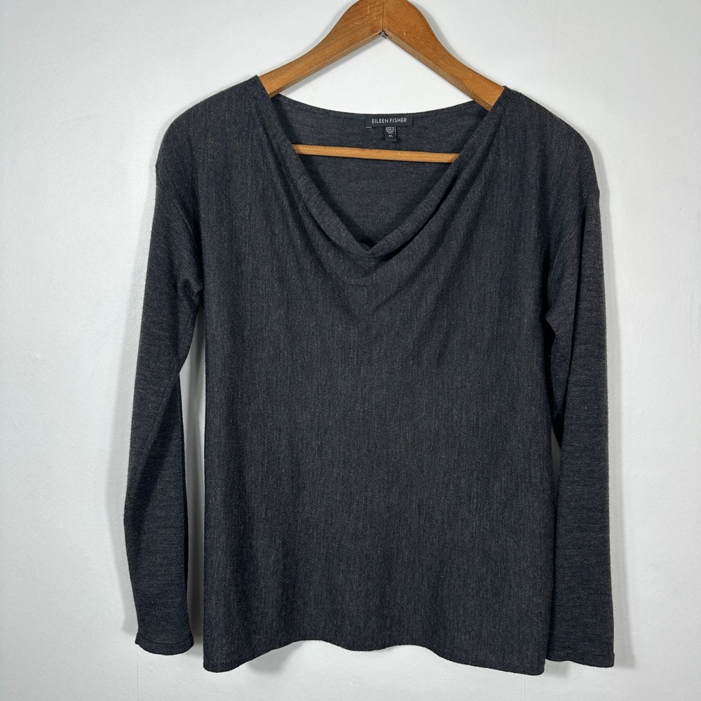 Eileen Fisher Merino Wool Top Womens XS Grey Excellent Cowl Neck Long Sleeve